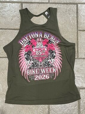 Daytona Beach Bike Week 2026 Olive Tank Top with Pink Graphic